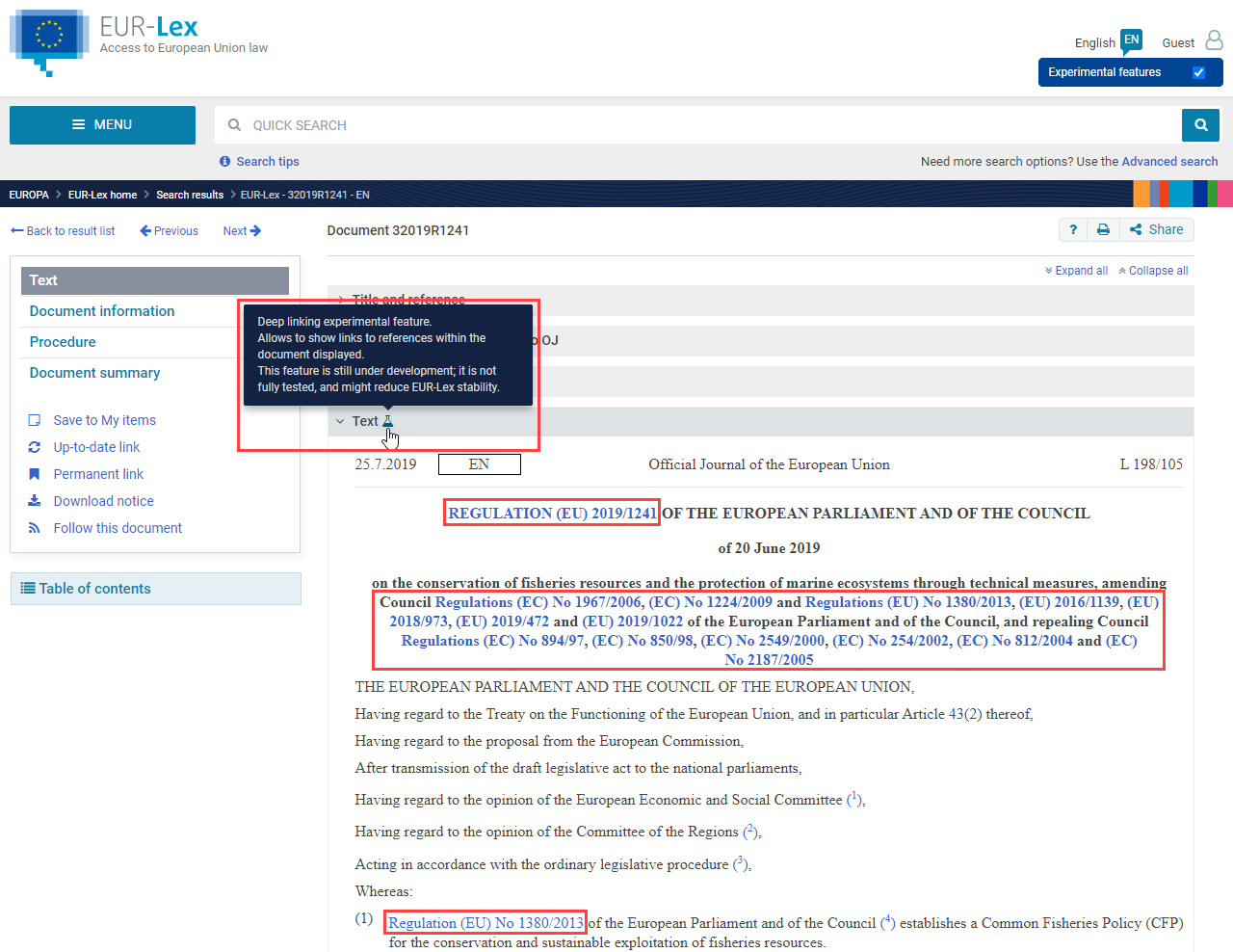screenshot showing how to spot the links within a published act